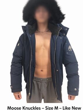 Moose Knuckles Men’s Navy Hooded Puffer with Black Fur Trim